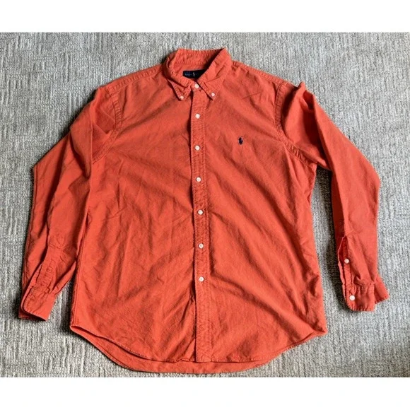 Vintage Ralph Lauren‎ Polo Shirt Mens Large Orange Short Sleeve Button Down Pony - Picture 2 of 8